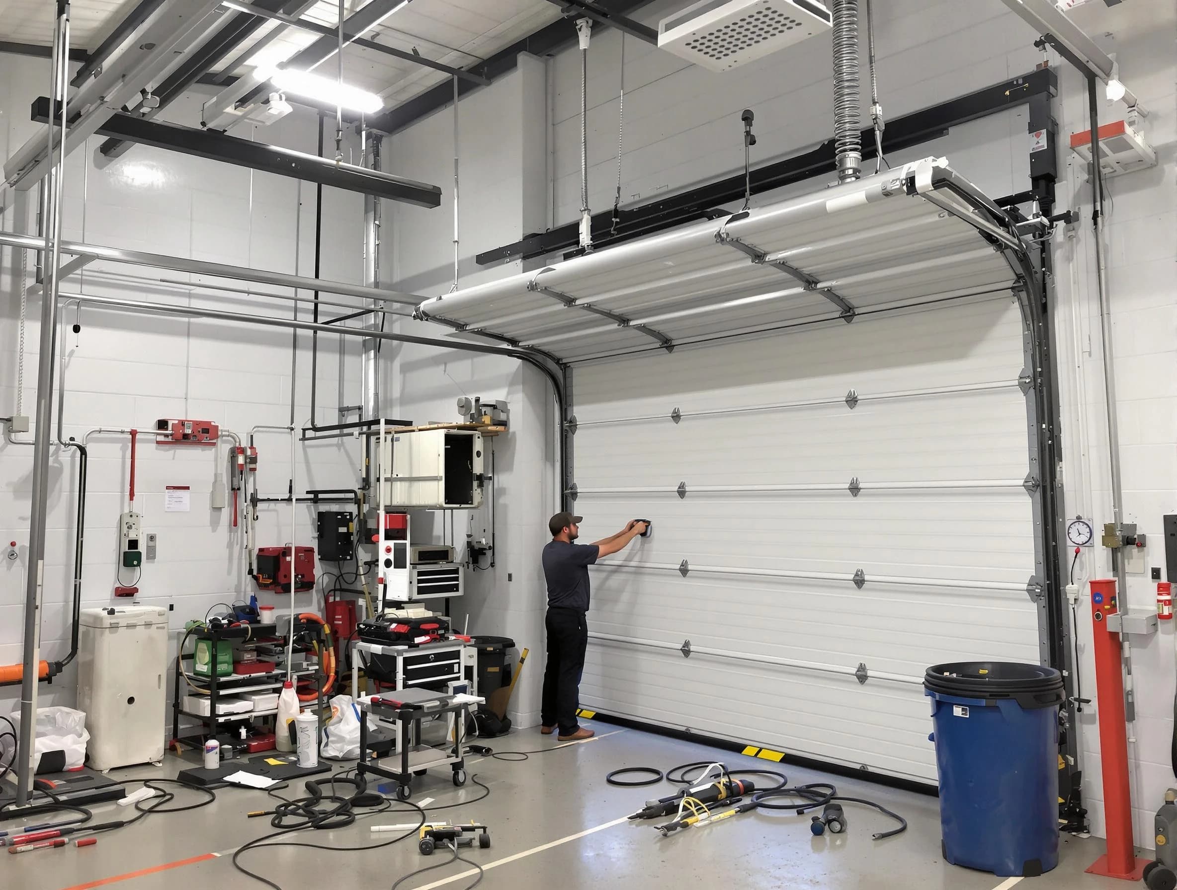 Boston Garage Door Repair certified technician performing commercial door repair at a Boston business facility