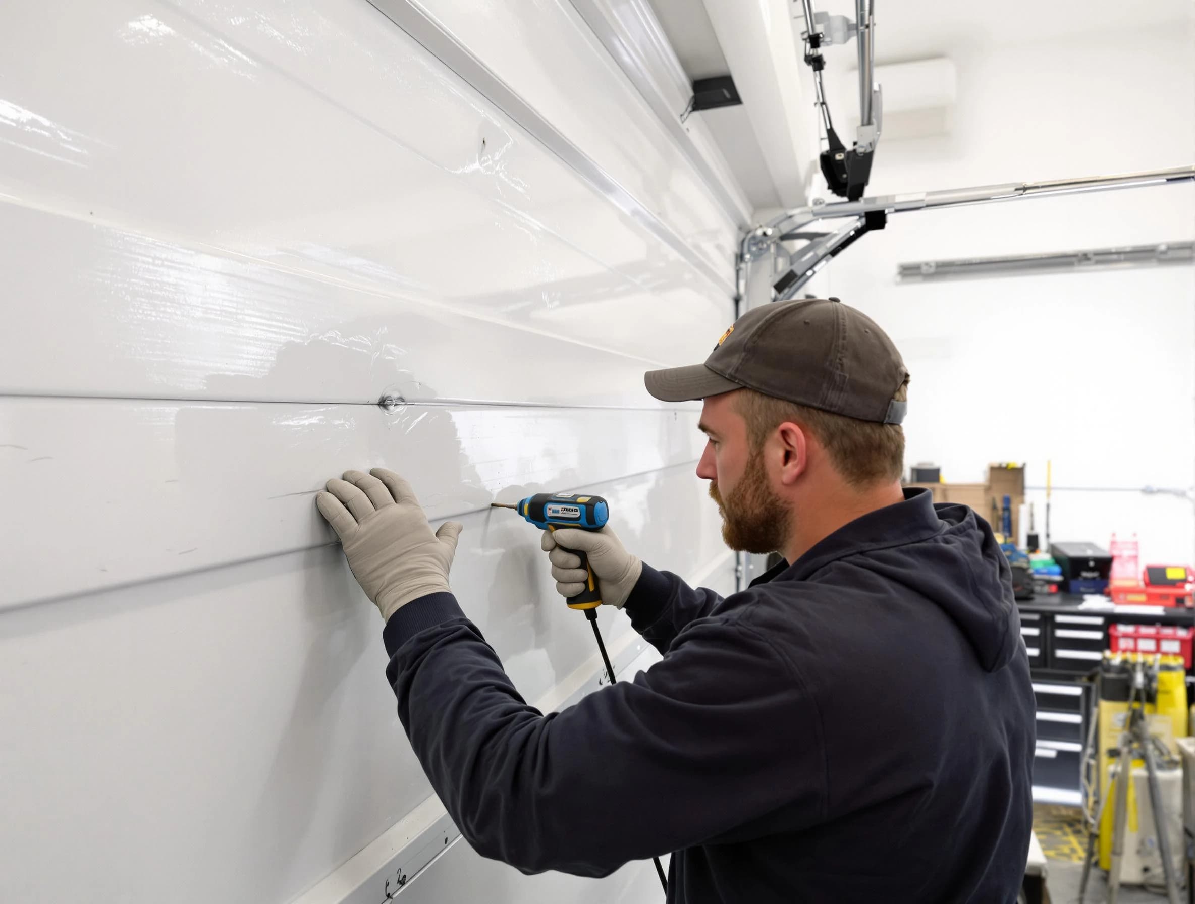 Boston Garage Door Repair technician demonstrating precision dent removal techniques on a Boston garage door