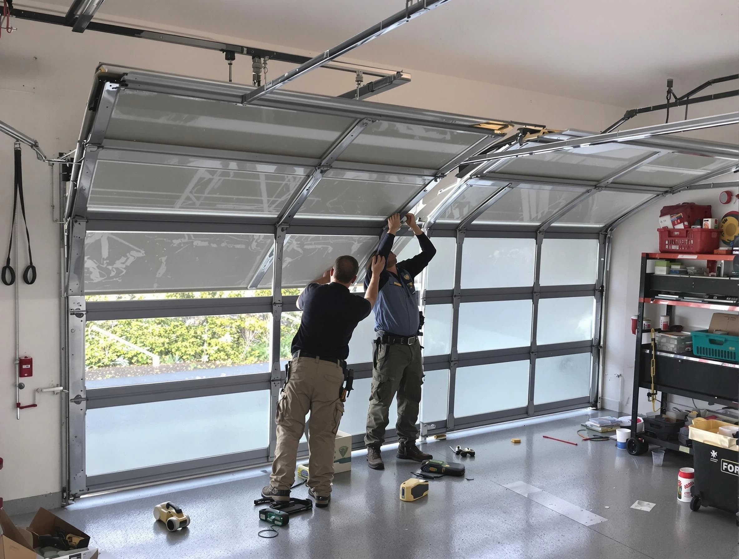 Boston Garage Door Repair expert performing precise panel replacement on Boston garage door