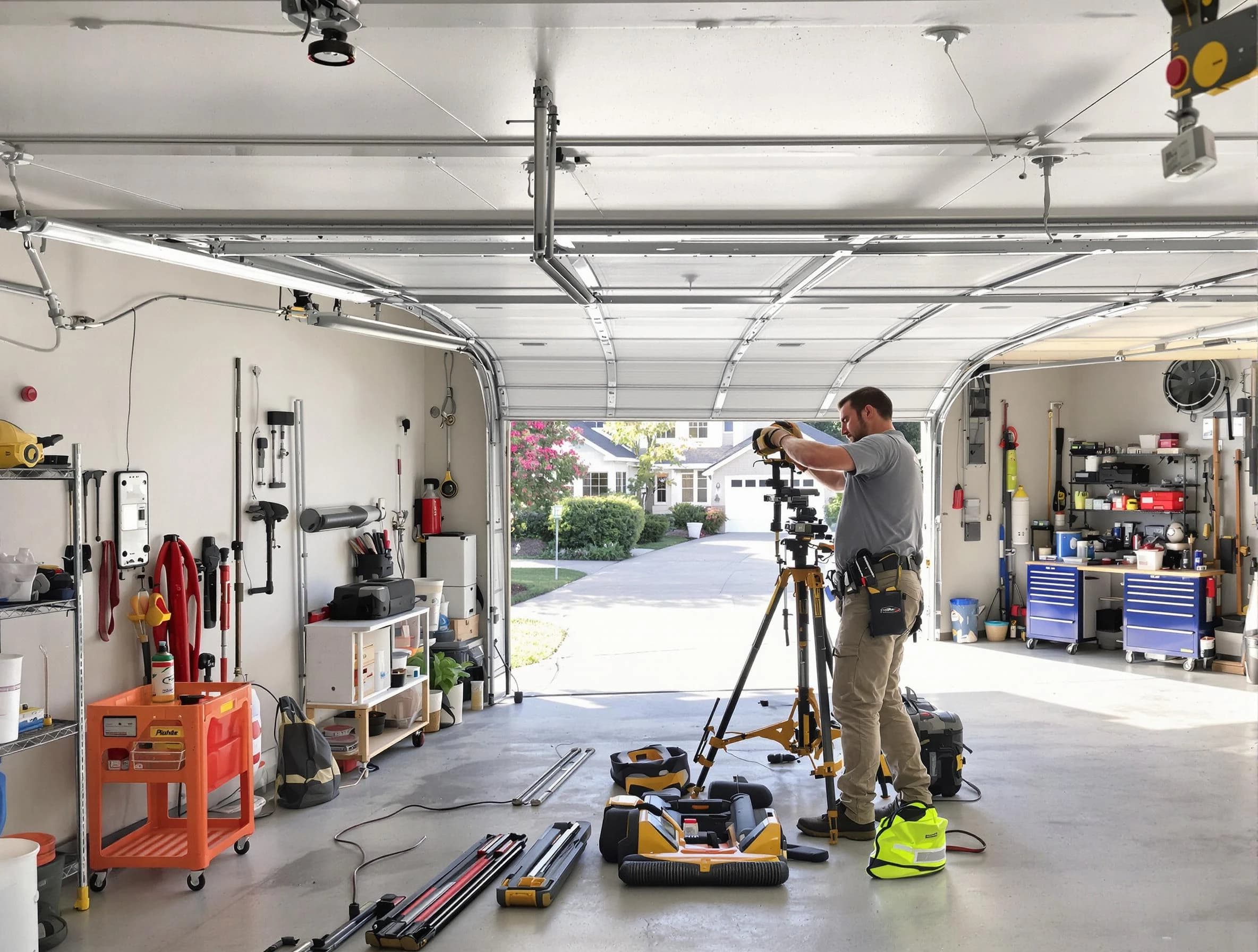 Boston Garage Door Repair specialist performing laser-guided track alignment in Boston