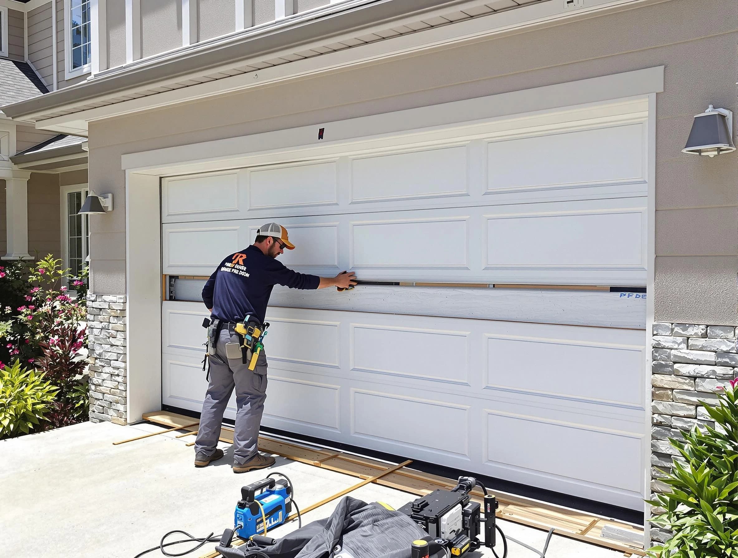 Boston Garage Door Repair team performing complete garage door replacement at Boston residence