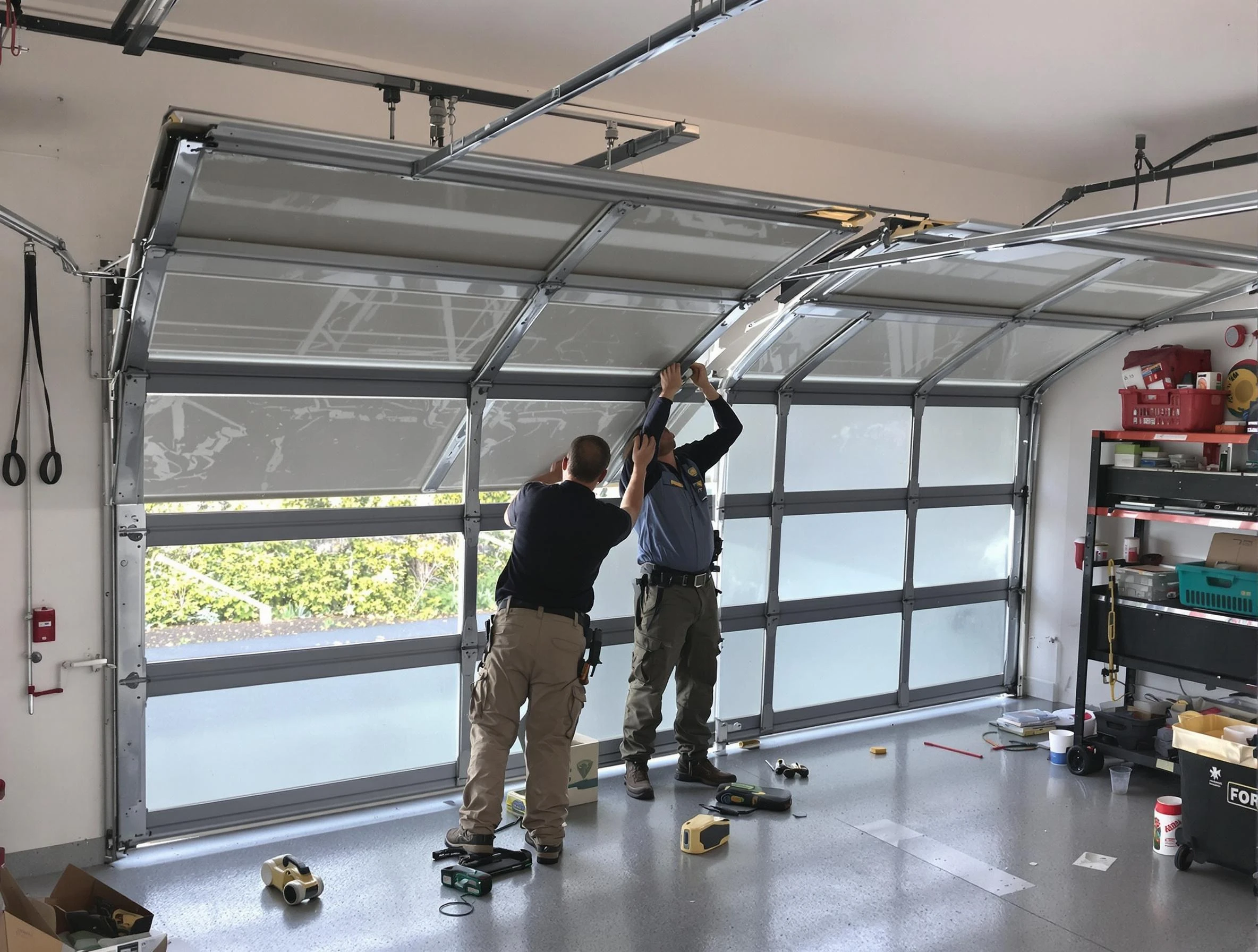 Boston Garage Door Repair expert performing precise panel replacement on Boston garage door